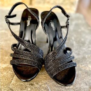 Sparkly Black Strappy Slingback Heels: 6.5; 3 inch heel. LIKE NEW! Worn once.